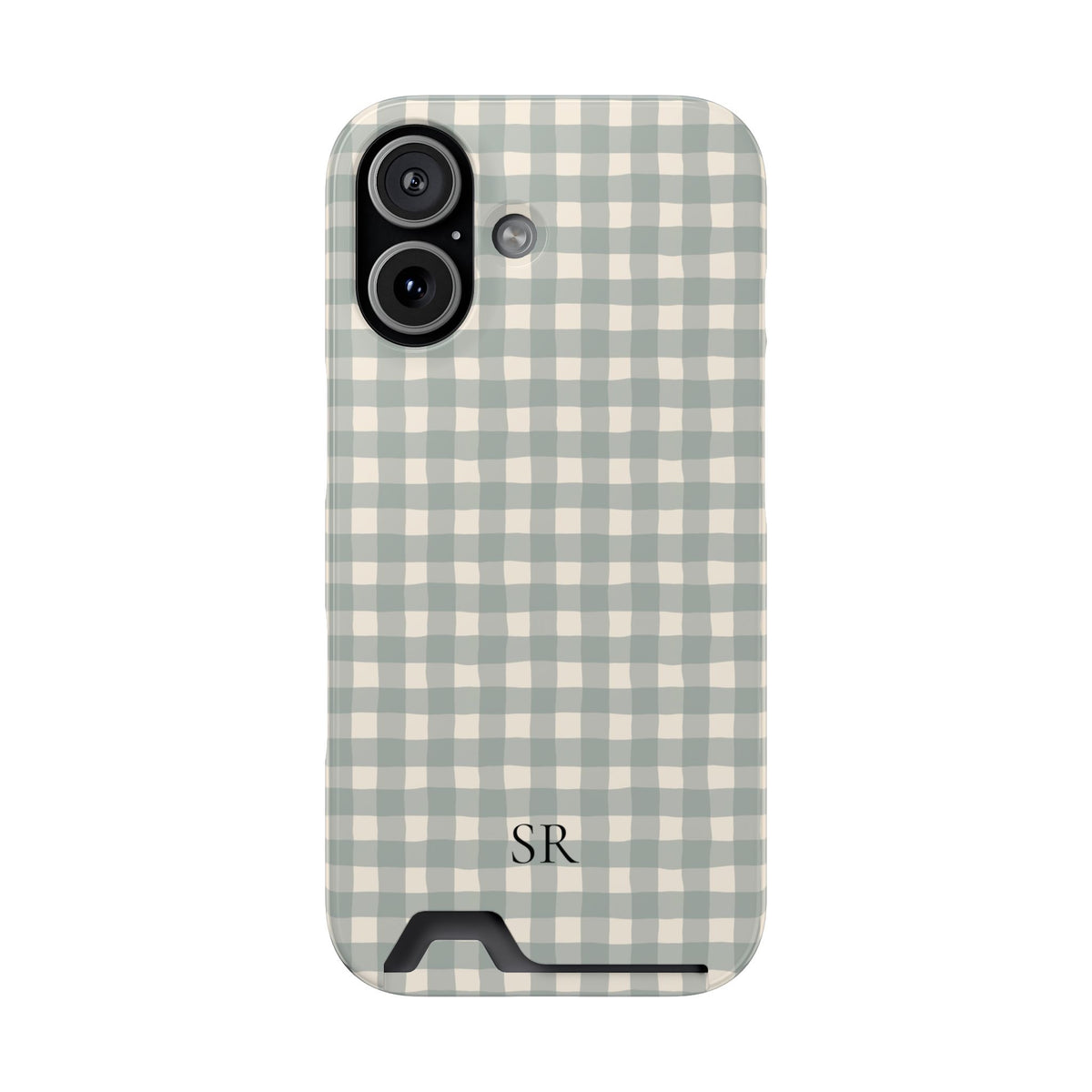 Personalized eucalyptus gingham phone case with card holder, side view