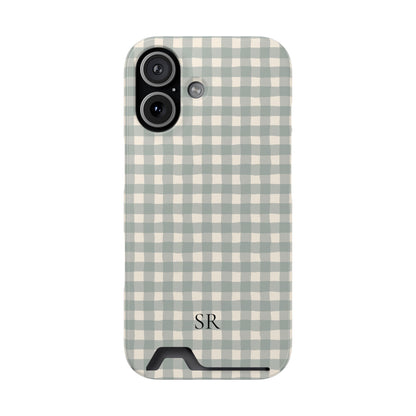 Personalized eucalyptus gingham phone case with card holder, side view