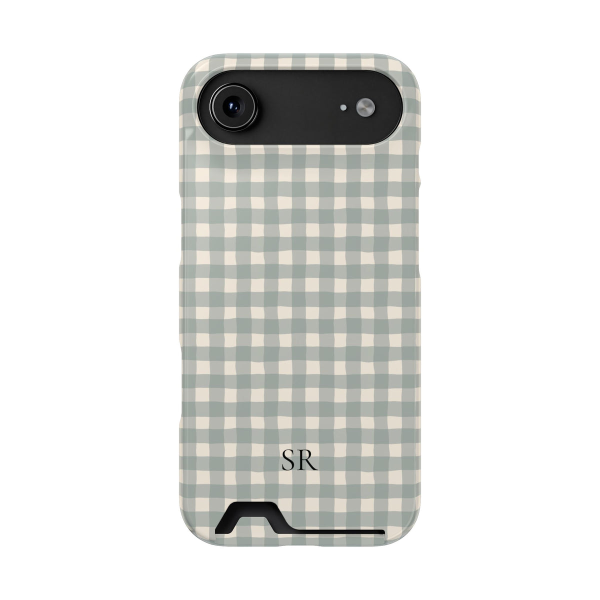 Personalized eucalyptus gingham phone case with card holder, alternate view