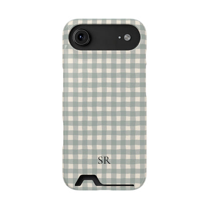 Personalized eucalyptus gingham phone case with card holder, alternate view