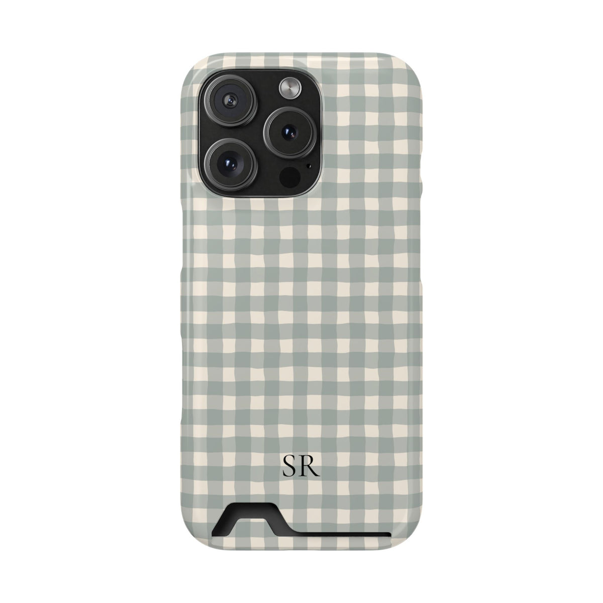 Personalized eucalyptus gingham phone case with card holder, detail view
