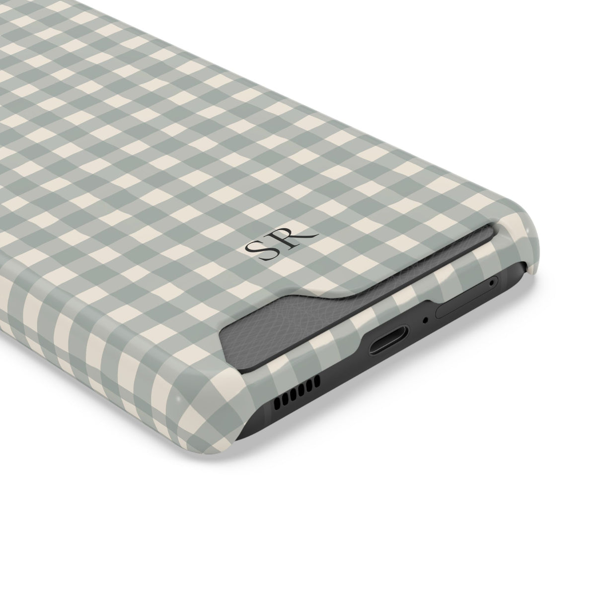 Personalized eucalyptus gingham phone case with card holder, angled view