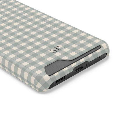 Personalized eucalyptus gingham phone case with card holder, angled view