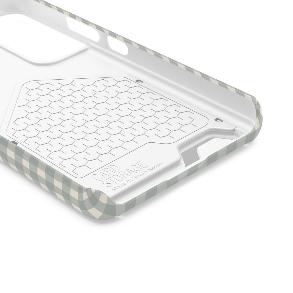 Personalized eucalyptus gingham phone case with card holder, lifestyle view