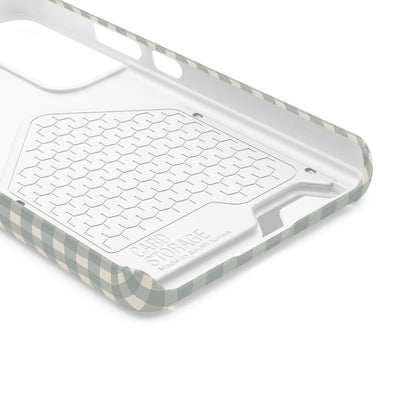 Personalized eucalyptus gingham phone case with card holder, lifestyle view