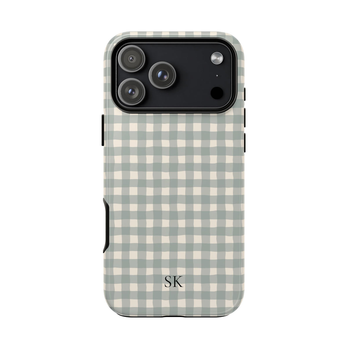 Personalized eucalyptus gingham tough phone case with initials, front view