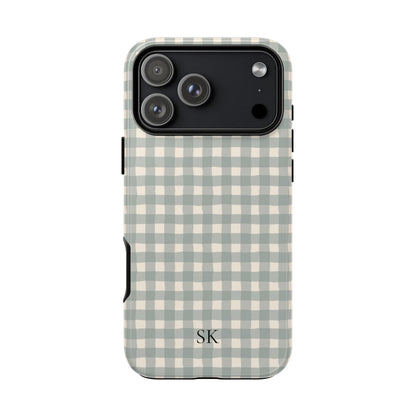Personalized eucalyptus gingham tough phone case with initials, front view