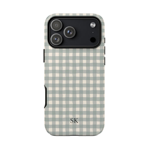 Personalized eucalyptus gingham tough phone case with initials, front view
