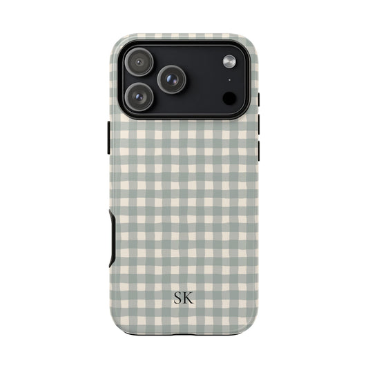 Personalized eucalyptus gingham tough phone case with initials, front view