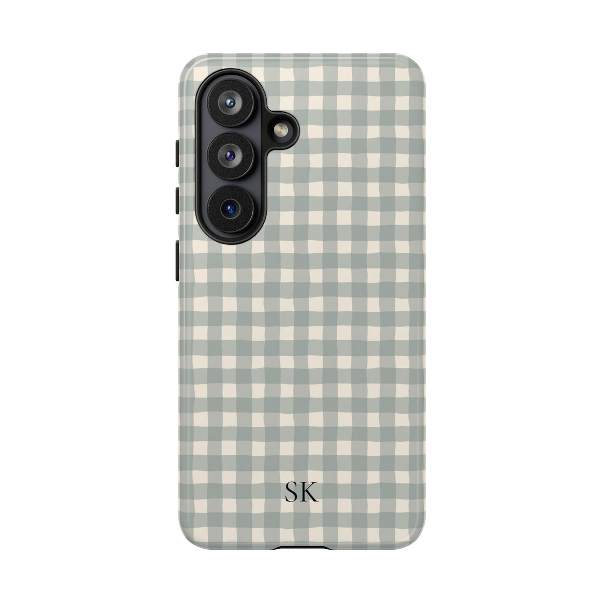 Personalized eucalyptus gingham tough phone case, back view