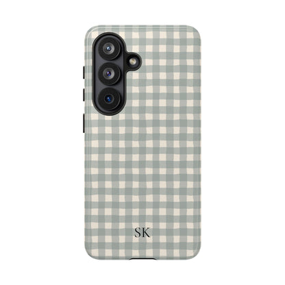 Personalized eucalyptus gingham tough phone case, back view