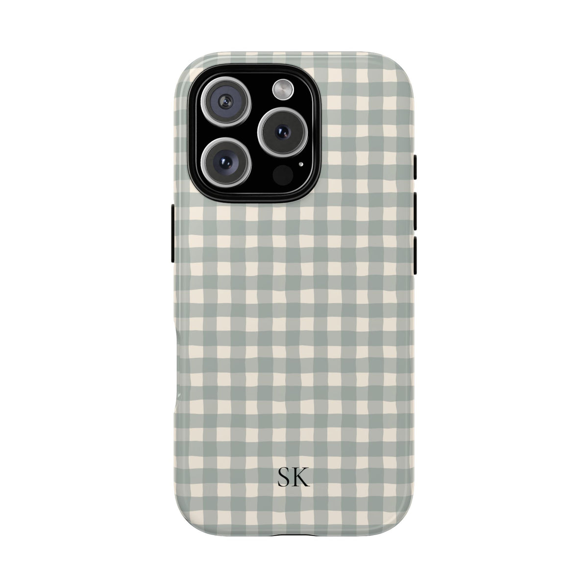 Personalized eucalyptus gingham tough phone case, side view