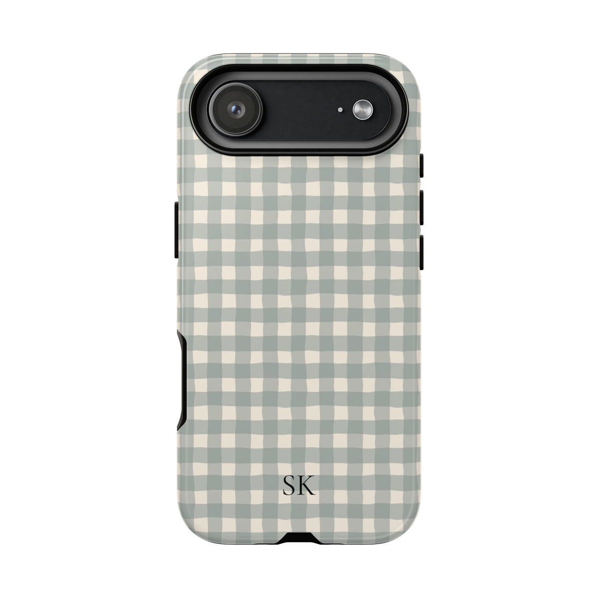 Personalized eucalyptus gingham tough phone case, detail view