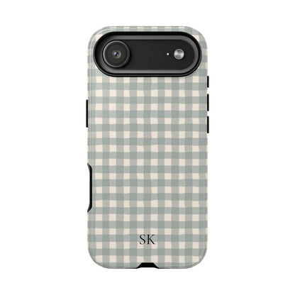 Personalized eucalyptus gingham tough phone case, detail view