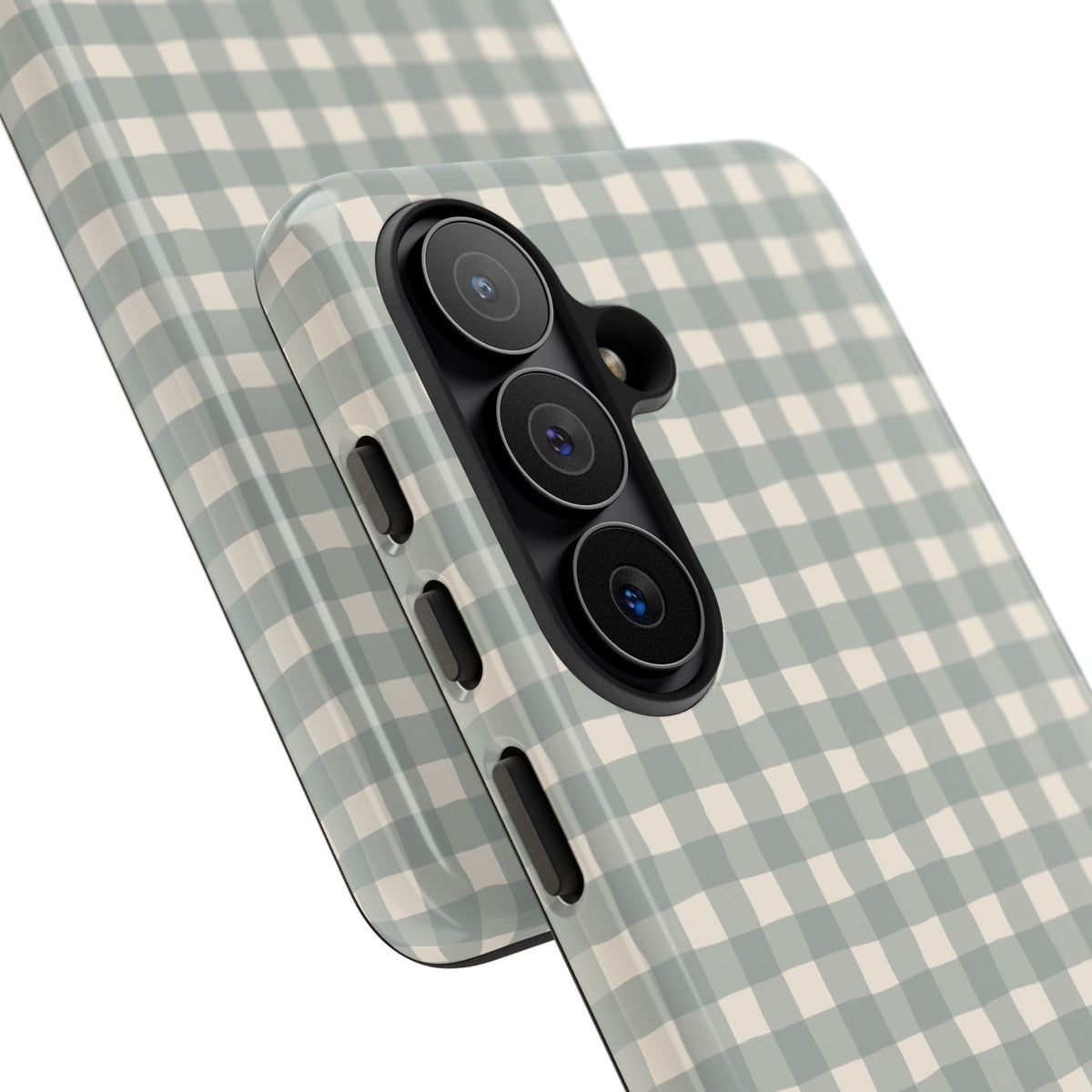 Personalized eucalyptus gingham tough phone case, angled view