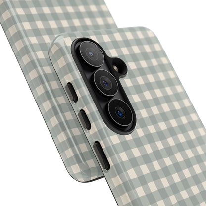 Personalized eucalyptus gingham tough phone case, angled view
