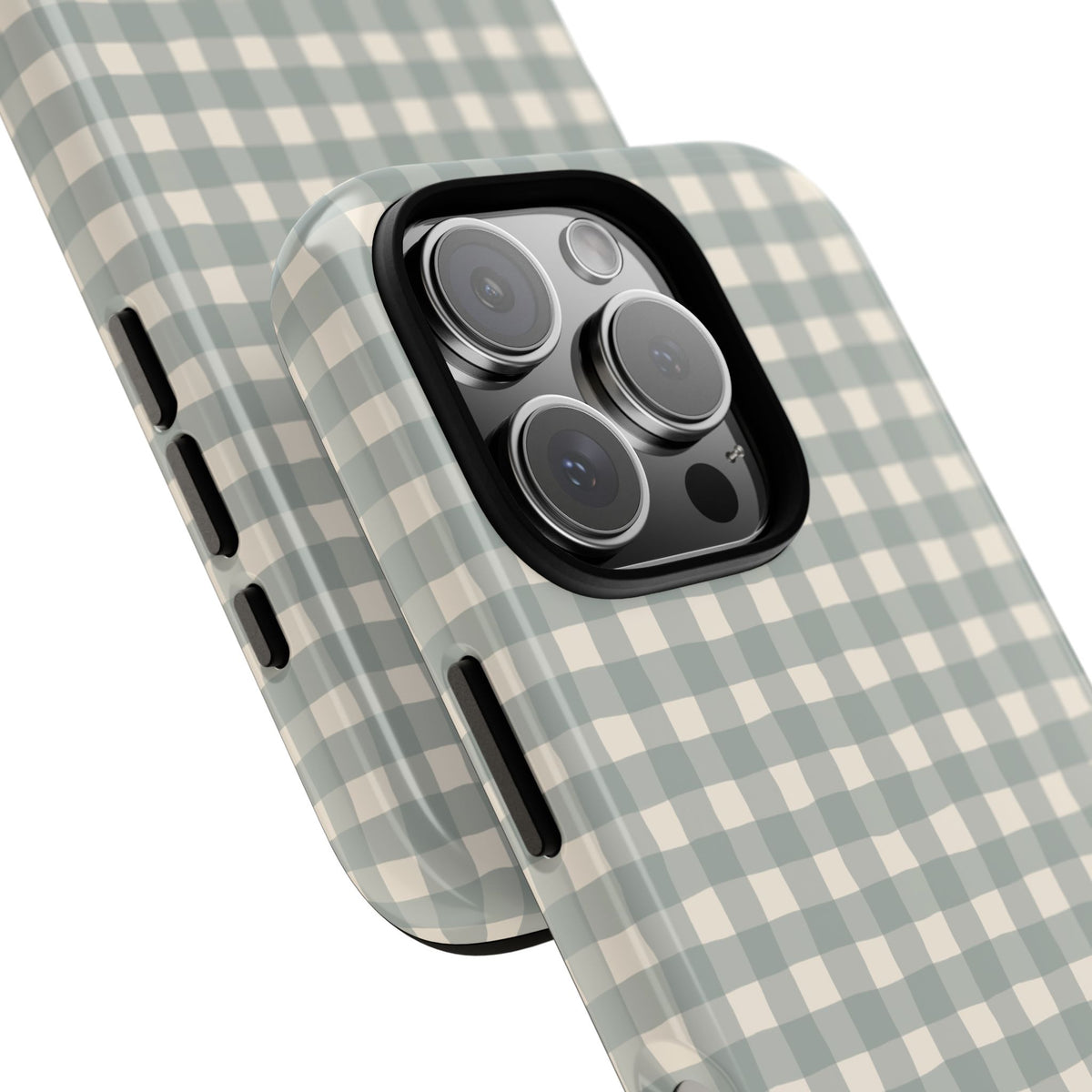Personalized eucalyptus gingham tough phone case, lifestyle view