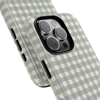 Personalized eucalyptus gingham tough phone case, lifestyle view