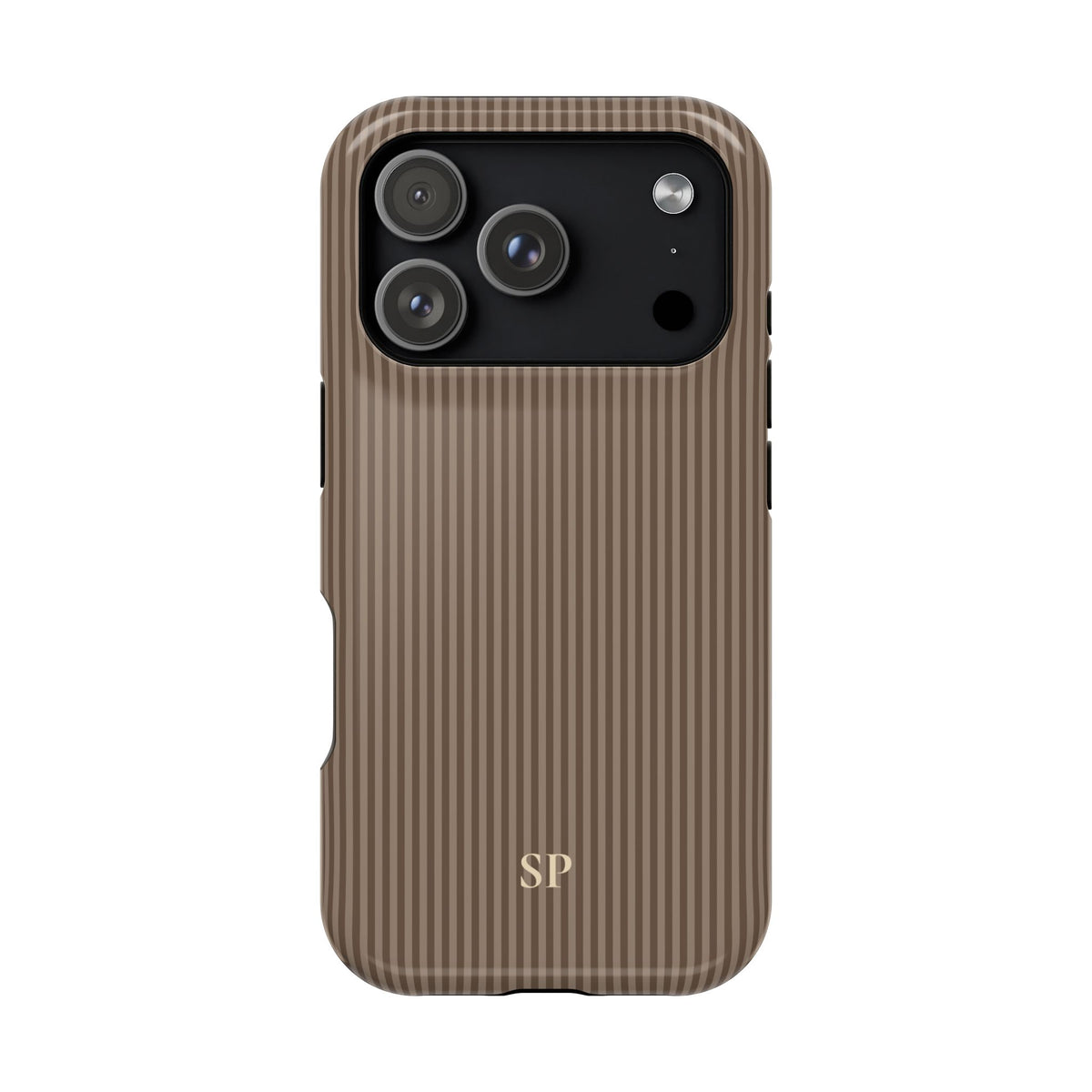 Personalized hazelnut striped MagSafe phone case with initials, back view