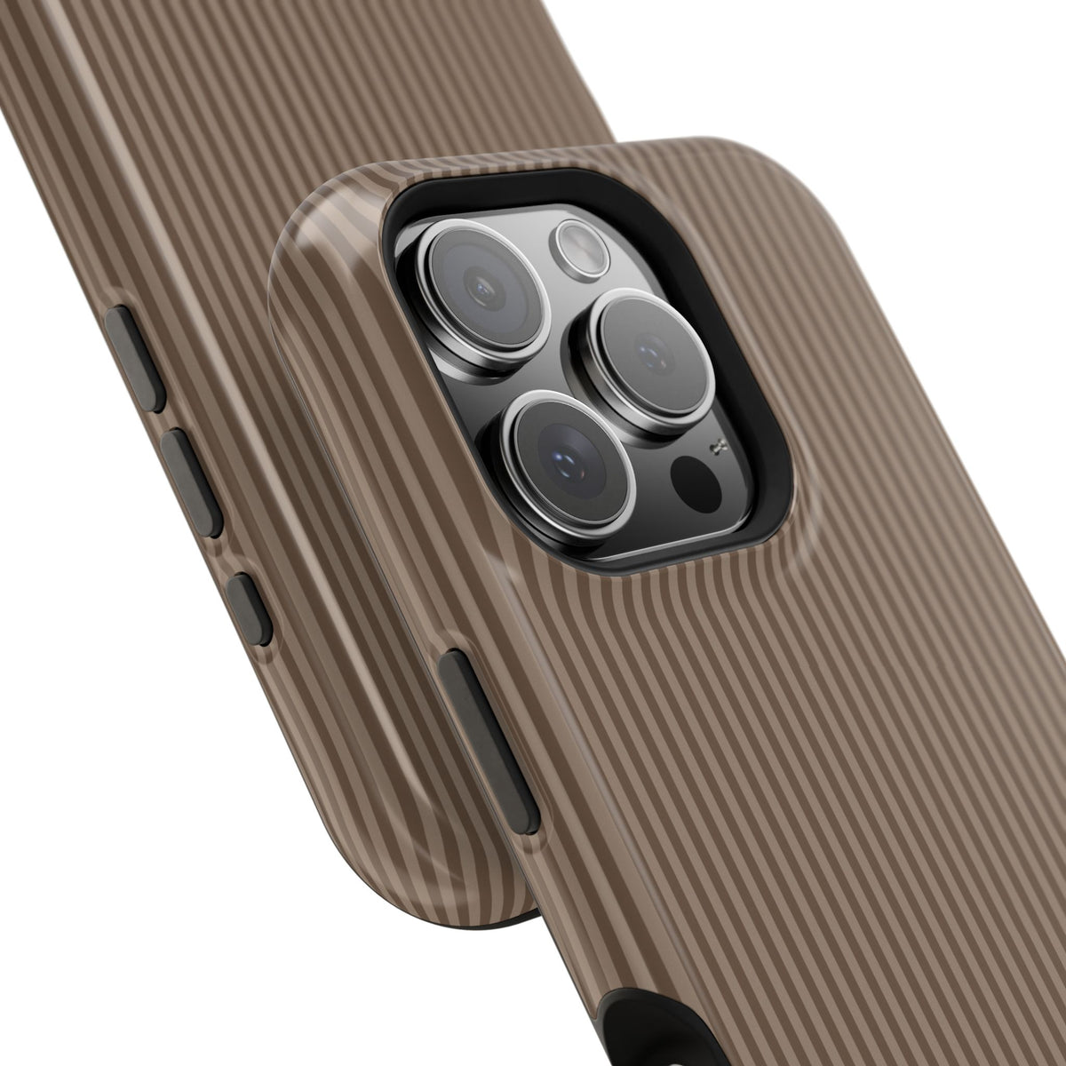Personalized hazelnut striped MagSafe phone case, side view