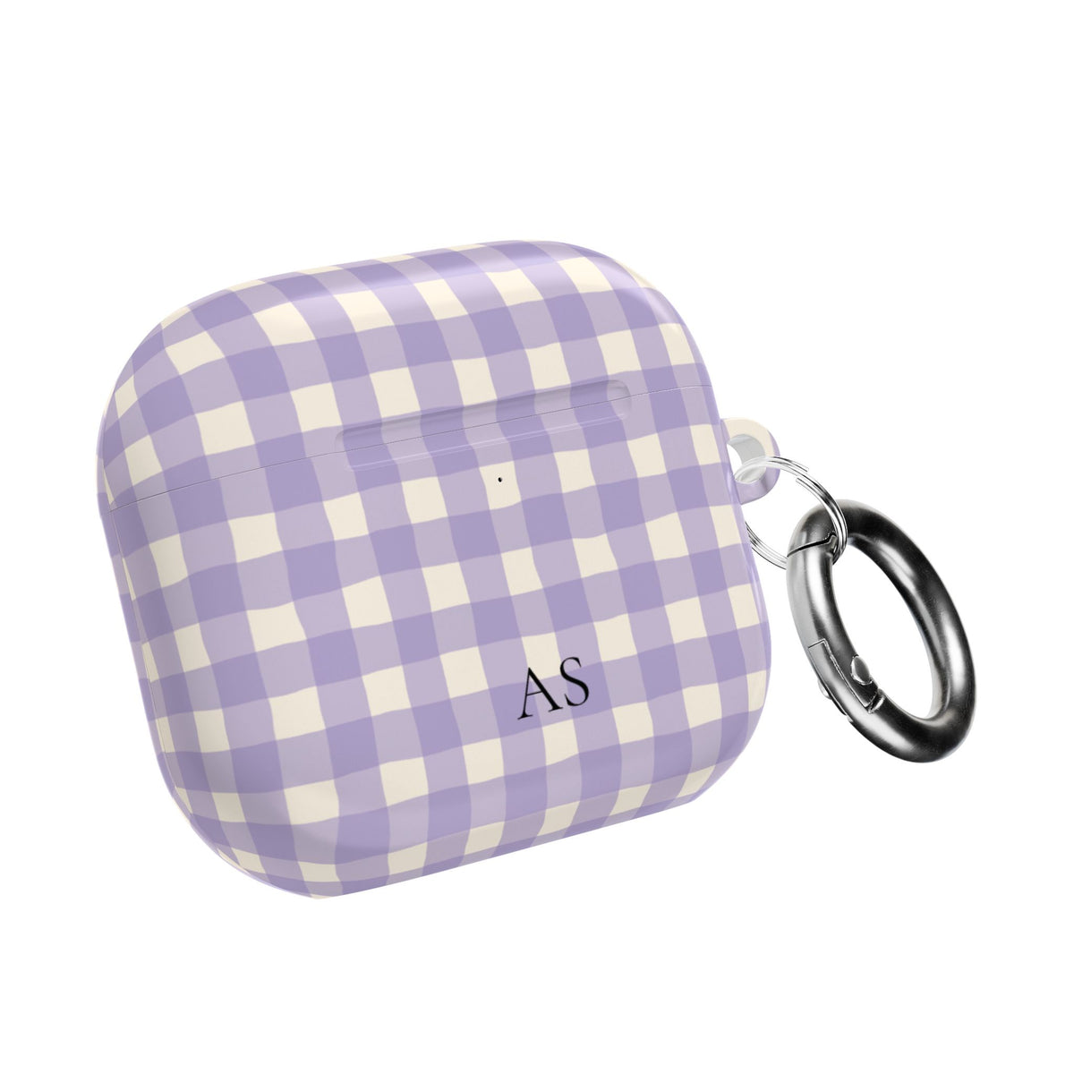 Personalized lavender gingham AirPod case with initials, front view