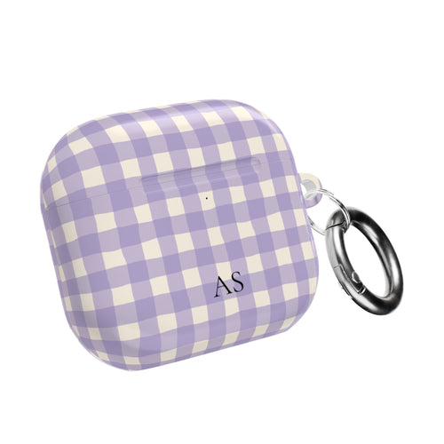 Personalized lavender gingham AirPod case with initials, front view
