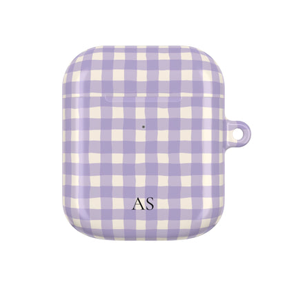 Personalized lavender gingham AirPod case, back view