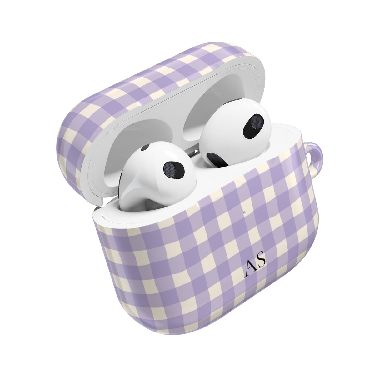 Personalized lavender gingham AirPod case, side view