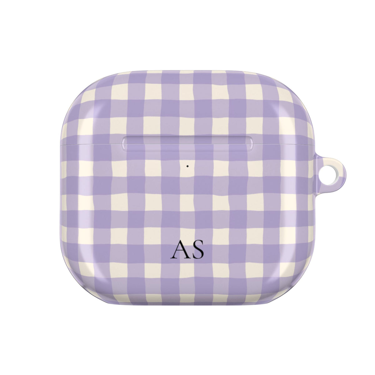 Personalized lavender gingham AirPod case with carabiner, alternate view