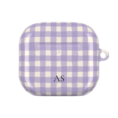 Personalized lavender gingham AirPod case with carabiner, alternate view