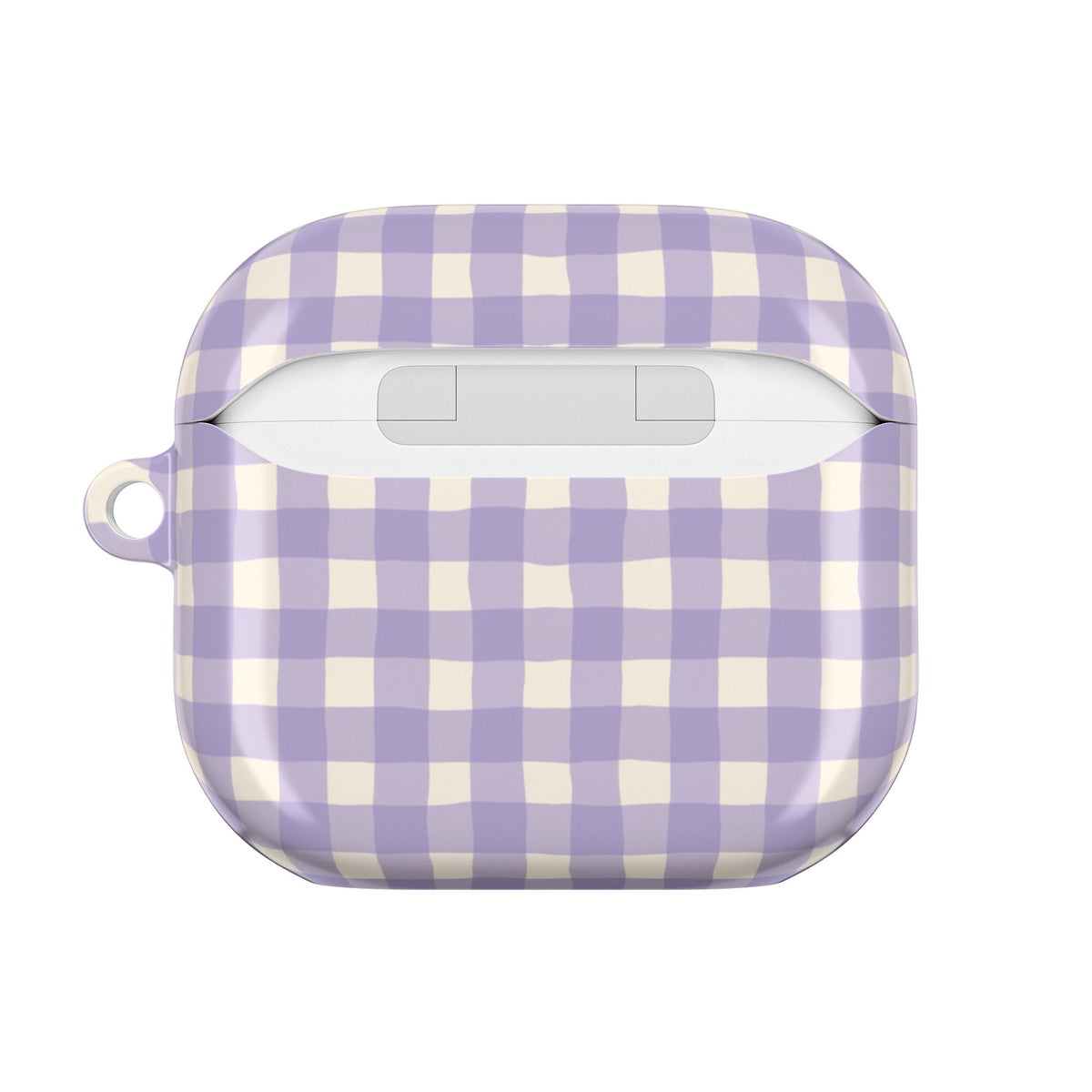 Personalized lavender gingham AirPod case, detail view