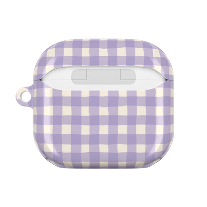 Personalized lavender gingham AirPod case, detail view