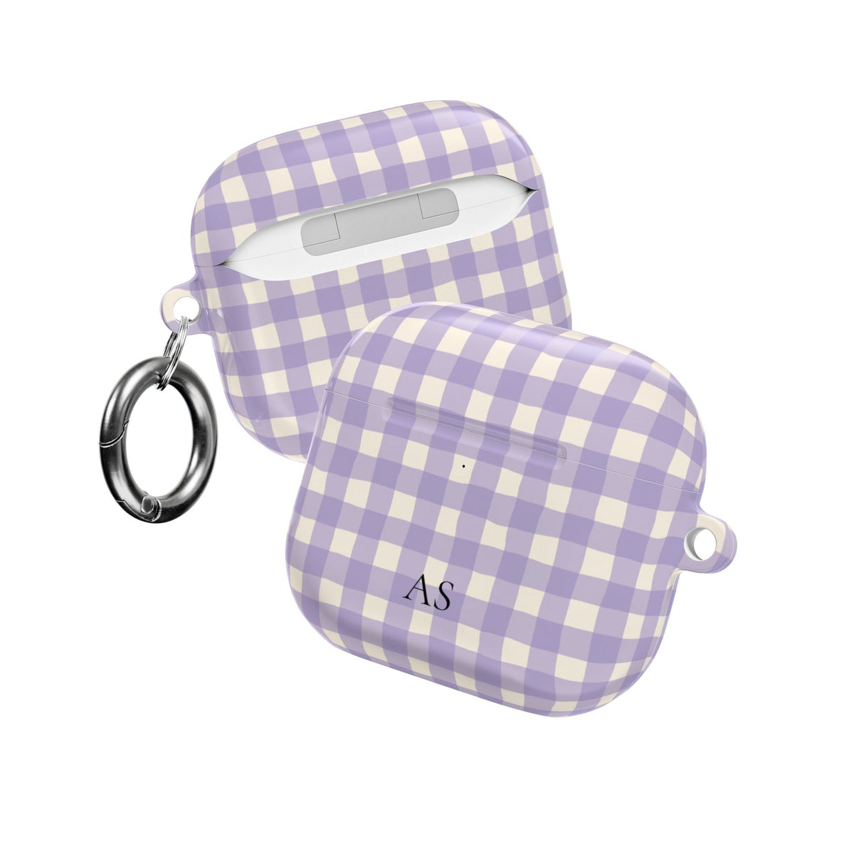 Personalized lavender gingham AirPod case, lifestyle view