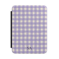 Personalized lavender gingham Kindle case with initials on the front cover