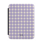 Personalized lavender gingham Kindle case with initials on the front cover