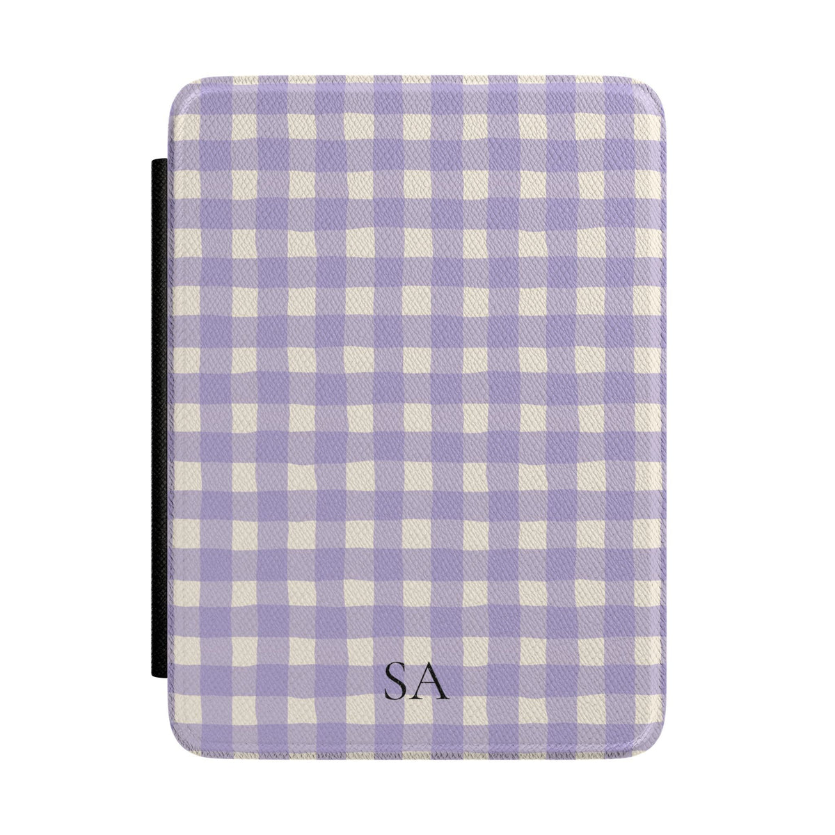 Personalized lavender gingham Kindle case with initials on the front cover