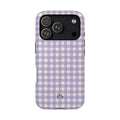 Personalized lavender gingham MagSafe phone case with initials, back view