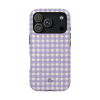 Personalized lavender gingham MagSafe phone case with initials, back view
