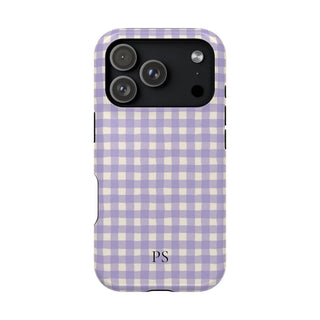 Personalized lavender gingham MagSafe phone case with initials, back view