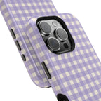Personalized lavender gingham MagSafe phone case, side view