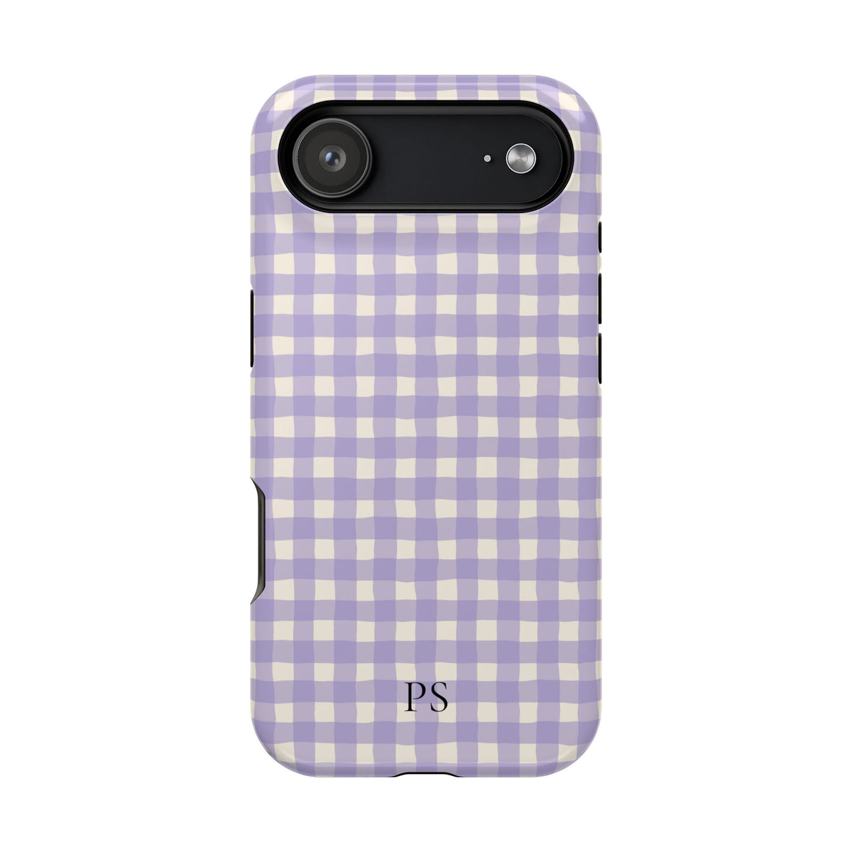 Lavender gingham MagSafe phone case with monogram initials