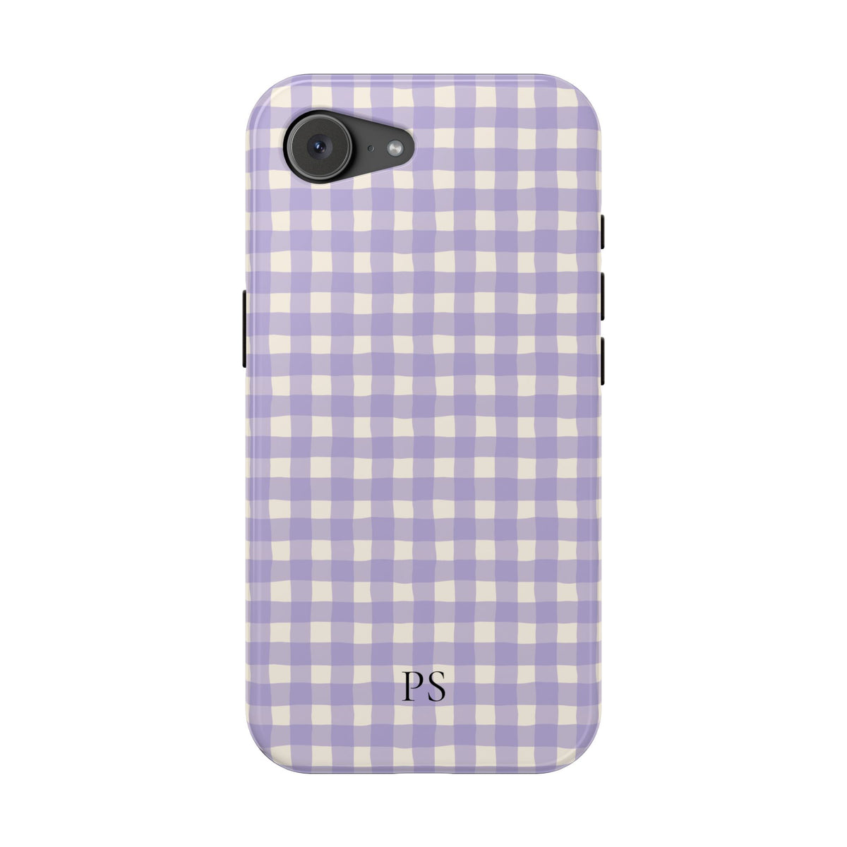 Personalized lavender gingham MagSafe phone case detail