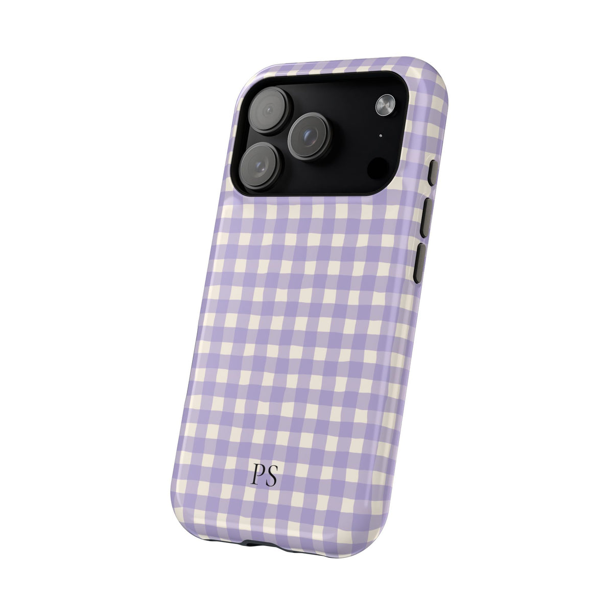 Lavender gingham MagSafe iPhone case with initials