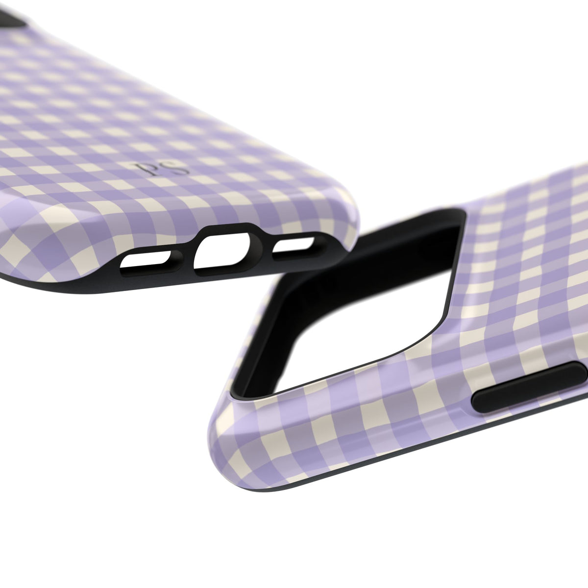 Personalized lavender gingham MagSafe phone case, angled view
