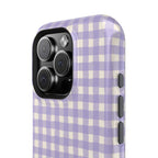 Personalized lavender gingham MagSafe phone case with initials, close-up