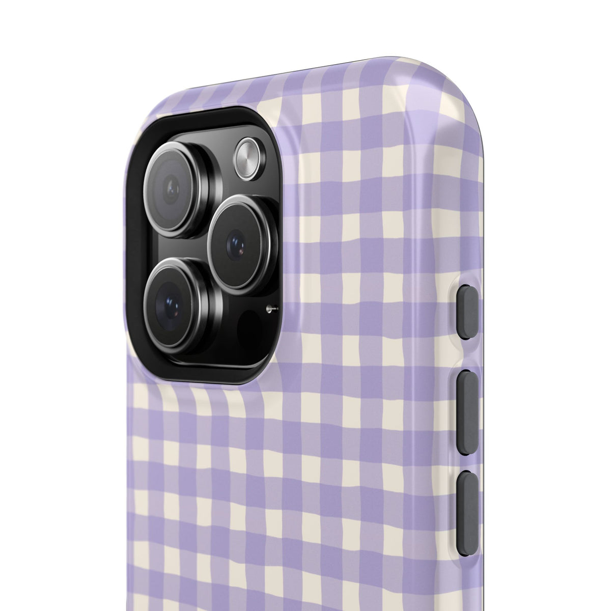 Personalized lavender gingham MagSafe phone case with initials, close-up