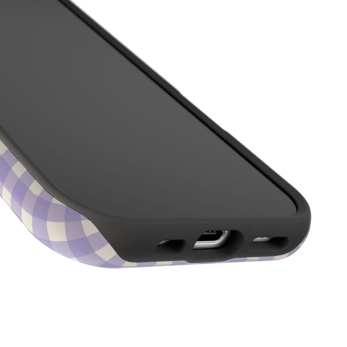 Lavender gingham MagSafe phone case, lifestyle view