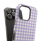 Lavender gingham MagSafe case with monogram, edge detail