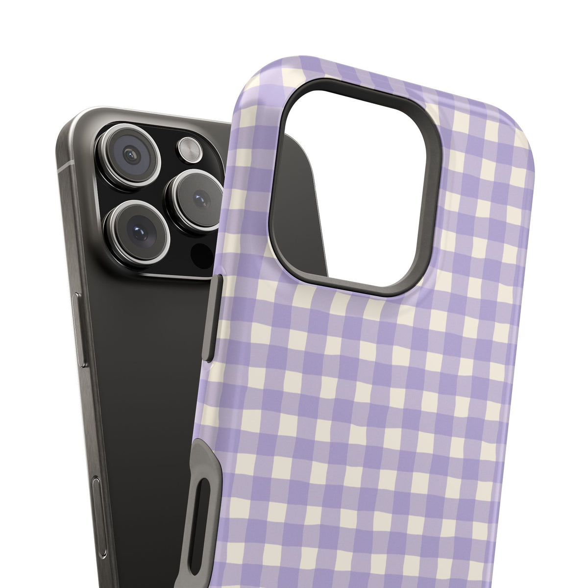 Lavender gingham MagSafe case with monogram, edge detail
