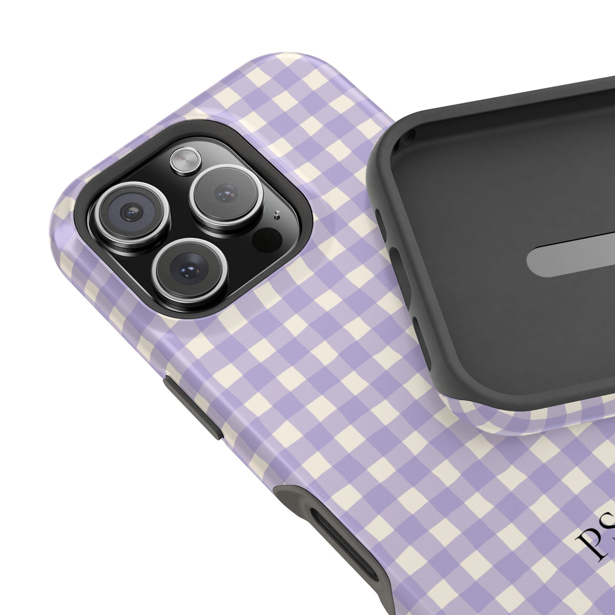 Personalized lavender gingham MagSafe phone case in hand